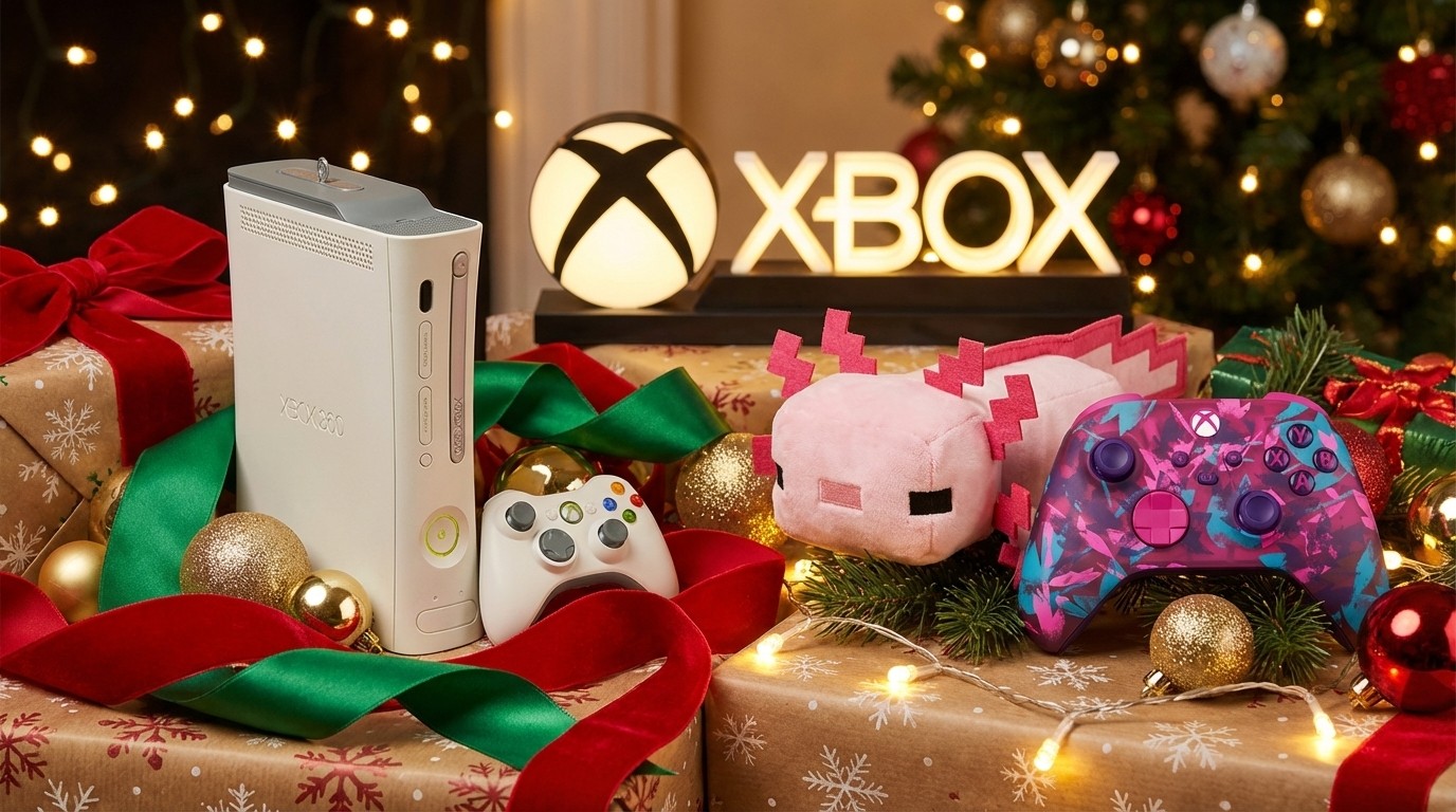 Xbox bauble, Axolotl plush, Pink Xbox Controller and Xbox shaped light with a festive background