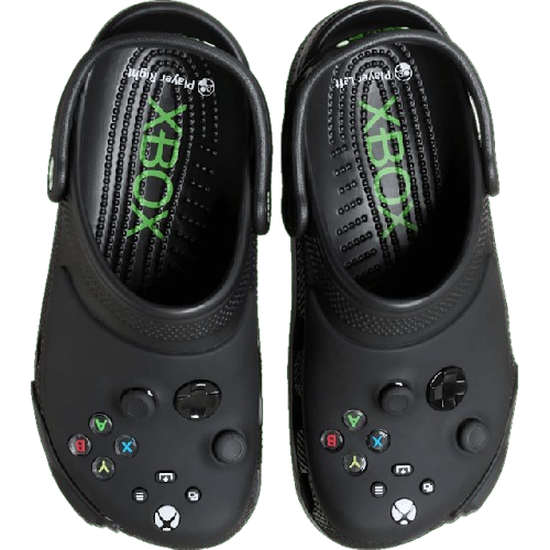 Black Croc shoes with Xbox controller design